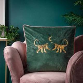 Wylder Wylder Green Dusk Monkey Embroidered Piped Velvet Cushion