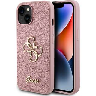 iPhone 15 Guess Fixed Glitter 4G Metal Logo Cover - Pink