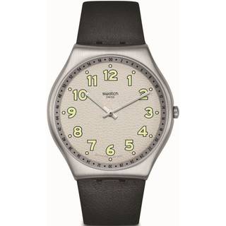 Swatch Black Hepcat Black Leather Strap White Dial Steel Case Unisex Watch SS07S134