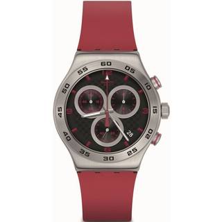 Swatch CRIMSON CARBONIC RED Red Silicone Strap Steel Case Black Dial Unisex Watch YVS524