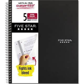 Fem-stjernet spiral notebook 5 Emne Bredt Paper K?mper Paper Bleed Water Resistant Cover 8 """" X 10-1/2 """" 200 Sheets Black (72045)