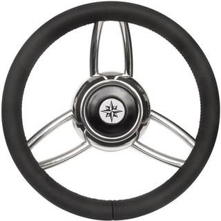 Bådrat motorbåd Savoretti Armando T26P, rustfrit stål med PU-læder/læderimitation, Ø350 mm, med nav, passer 3/4″ (19 mm) rataksel, sort/krom
