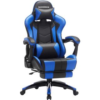 Songmics Gaming-stol, ergonomisk kontorstol, skrivebordstol, udvidelig fodstøtte, 90 ° -135 ° Tilt Angle, maksimal belastning 150 kg, sort/blå RCG026B