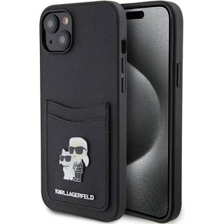 iPhone 15 Karl Lagerfeld Saffiano etui med kortlomme i metal Karl & Choupette - sort