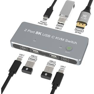 NÖRDIC 2 til 2 KVM-switch USB-C og displayport 1xDP och 1xHDMI 8K 60Hz 3xUSB-A