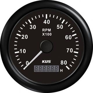 Omdrejningstæller &amp; timetæller til påhængsmotor / benzinmotor KUS, dugfri, Ø85 mm, 12 V / 24 V, generator, sort, 0 - 8000 rpm