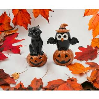 Fine keramiske Thanksgiving Halloween Black Cat & Owl on Pumpkin Salt & Pepper Shakers Set 3-3/4 """" H