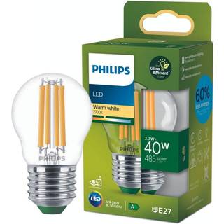FORÅRSUDSALG - E27 - Philips LED Kronepære - 2.3W - 485lm - 2700K - Klar - A-lyskilde