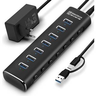 NÖRDIC GEN 3.2 USB-C og USB-A drevet Hub 7ports 7x10Gbps 1m kabel individuel switch