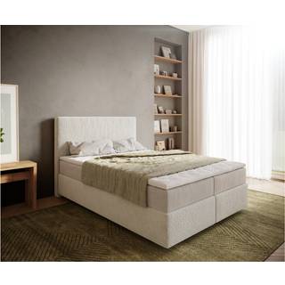 Boxspringbett Dream-Well 140x200 cm Bouclé Creme-Weiß mit Taschenfederkernmatratze und Topper Visco
