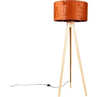 Gulvlampe træ med orange stofskærm 50 cm - Tripod Classic