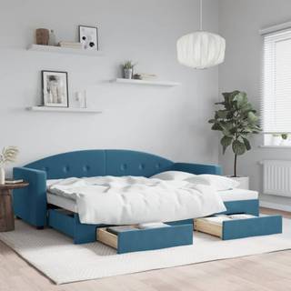 Daybed Velour Blå - med udtræk og skuffe / 80 x 200 cm
