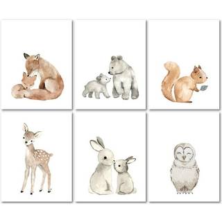 Lams & Ivy Watercolor Woodland Animals 6-Piece Unframed Nursery Wall Art Decor