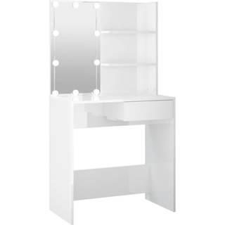 Makeupbord Med Led-Lys 74,5X40X141 Cm - Hvid højglans