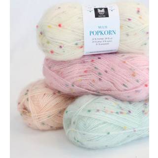 Dale Multi Popkorn 501 Hvid Indhold: 31% polyester, 24% uld, 24% akryl, 12% mohair & 9% nylon Vægt/længde: 50 gram = ca. 135 meter Anbefalede pinde: 4.00-6.00 mm Strikkefasthed: 10 cm = 18-14 m Kan maskinvaskes - Uldvask 30 °C / Brug ikke skyllemiddel / Tørres fladt.