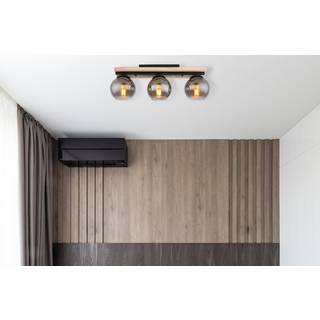 Conni loftlampe, længde 60 cm, røggrå, træ/glas, 3 lyskilder.