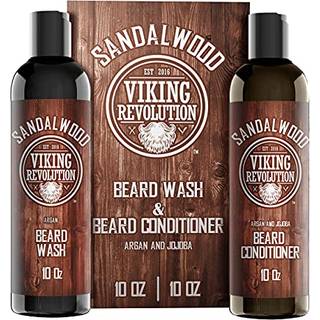 Beard Wash & Beard Conditioner Set m/Argan & Jojoba Oils - Bl?dg?r og styrker - Natural Sandalwood Duft - Beard Shampoo m/sk?golie (10 oz)