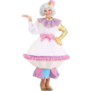 Disney Skønheden og Udyret Fru Potts Børnekostume Medium, hvid kjole med lyserød kant, guldfarvet ærme, tekandehat