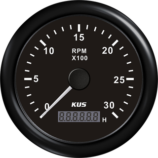 Omdrejningstæller &amp; timetæller til dieselmotor KUS, dugfri, Ø85 mm, 12 V / 24 V, generator, sort, 0 - 3000 rpm