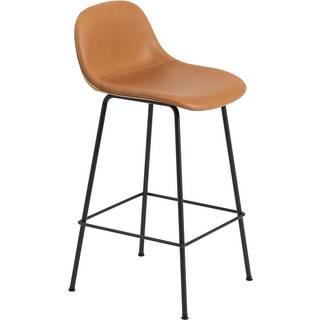 Muuto Fiber Barstol med Tube Base Og Ryglæn Læder Polstret Cognac/Sort H87,5 cm