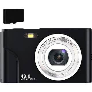 Digitalkamera med 48 MP, HD 1080p, 16x zoom, hukommelseskort Sort
