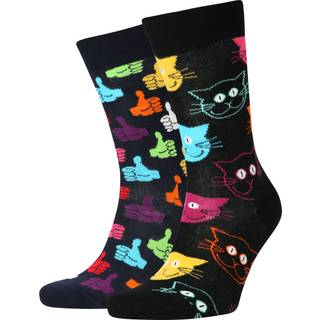 2-Pack Classic Cat Socks | Funky Colorful Cat Crew Socks - Black, Turquoise, Yellow, Pink, Orange, Navy - 36-40