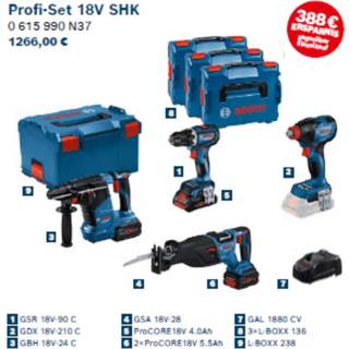 Bosch Professional Elværktøjssæt GSR 18V-90C+GDX 18V-210C+GBH 18V-24C+GSA 18V-28 med 3 stk. batteri, lader og L-BOXX