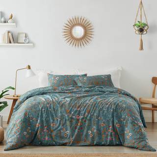 Boho Bohemian Farmhouse Teal Blue og Orange Wildflower Garden Floral Dyvet Dyne Cover og Sham 3 Pc King Size Bedding Set Bedroom Flower Botanical