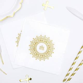 Servietter Hvide, Guldmønster Med Ihs Monogram - 20 Stk. 33x33 cm
