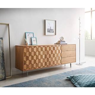 Sideboard Fevo 175 cm Akazie Natur 2 Türen 3 Schubfächer L-Fuß - Natur, Silber