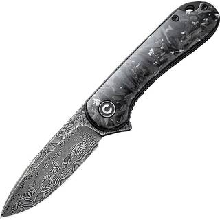 Elementum Damascus foldekniv, shredded carbon fiber/silver