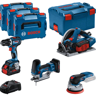 Bosch 18v sæt med 4 værktøjer gsr/gkt/gst/gex 1x4,0ah batteri og 2x5,5ah batterier un3481