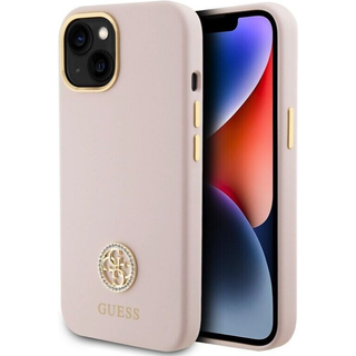 iPhone 15 Guess 4G Rhinestone Metal Logo Flydende Silikoneetui - Pink
