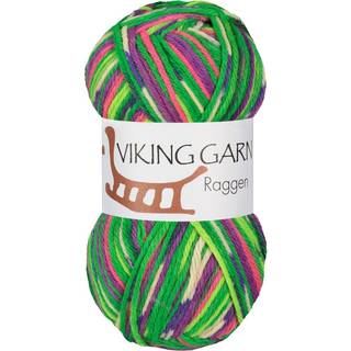 Viking Raggen 739 Multi grøn/rosa Indhold: 70% superwash uld, 30% nylon Vægt/længde: 150 g = ca. 225 meter Anbefalede pinde: 4.5 mm Strikkefasthed: 10 x 10 cm = 19 m Vask: Kan vaskes i vaskemaskinen 40°C / tørres fladt.