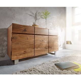 Sideboard Live-Edge 147 cm Akazie Natur 3 Türen 3 Schübe - Natur, Silber
