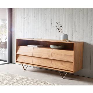 Sideboard Eloi 145x40 cm Akazie Natur 6 Schubladen V-Fuß Edelstahl - Natur, Silber