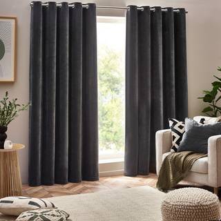 Yard Yard Charcoal Grey Heavy Chenille Velvet Room Darkening Eyelet Curtains