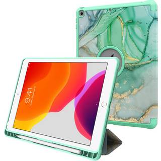 iPad 10.2" (2021 / 2020 / 2019) Imiteret Læder Flip Cover m. Pencil Holder - Grøn Marmor