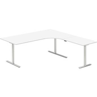 Office hæve-sænkebord 200x200cm i hvid med alugråt stel højrevendt