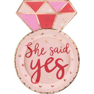 6 stk. Paptallerkener med ringdesign og teksten "She said yes" – 18 x 25,5 cm
