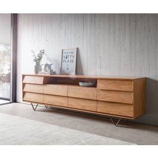 Sideboard Eloi 240x40 cm Akazie Natur 2 Türen 6 Schubladen V-Fuß Edelstahl - Natur, Silber