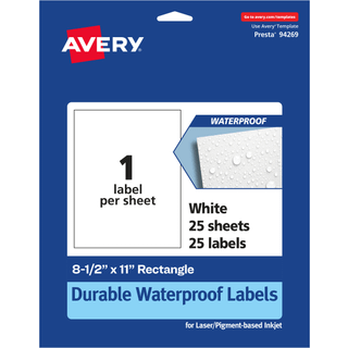 Avery holdbare vandtætte rektangeletiketter 8,5 """" x 11 """" 25 olie og tårebestandigt vandtæt etiket
