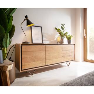 Sideboard Stonegrace 175 cm Akazie Natur 2 Türen 3 Schubladen Steinfurnier V-Fuß - Natur, Silber