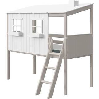 Højseng 120 Cm Med Hus Og Stige, 90x200 Cm, Hvid/grå