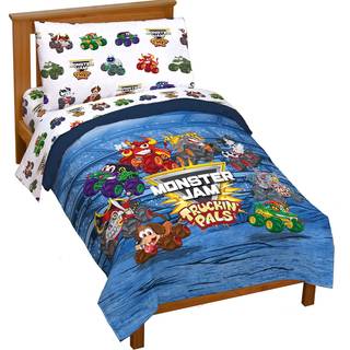 Jay Franco Monster Jam Truckin 'Pals 4 Piece Toddler Bed Set - Inkluderer Comforter & Sheet Set - Bedding Features Grave Digger & Megalodon - Sup