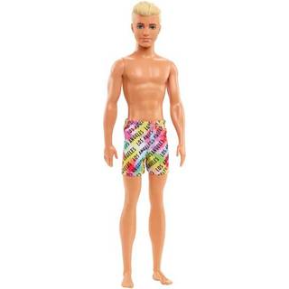 Barbie Ken Beach dukke med blond h?r kl?dt i farverige Los Angeles-tryk sv?mmebukser