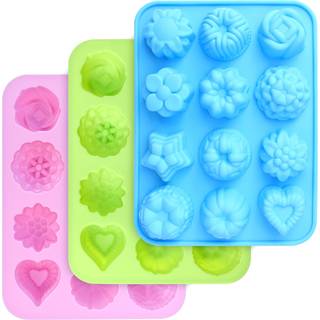 Homedge Food Grade Silicone Flowers Forme Bagepande med blomster og hjerteform Non-Stick 3-Pack silikoneforme til chokolade Candy Jelly Ice Cube