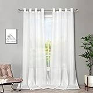 Melodieux White Semi Sheer Curtains 84 inches Long til stue - Linned Look Sovev?relse Grommet Top Voile Drapes 52 x 84 tommer (2 paneler)