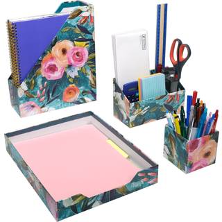 Global Printed Products Designer Printed Desk Organizer Set Inkluderer brevbakke -mappe Stand 3 -afsnit Arrang?r Pen Holder - Blomster