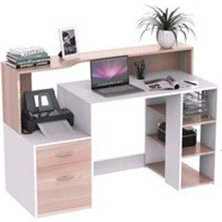 HOMCOM Computer Desk PC Table Modern Home Office Writing Workstation Furniture Printer Shelf Rack w/ Storage Drawer & Shelves (Oak and white)